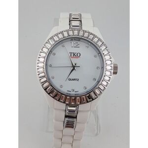 TKO ORLOGI Crystal Accent Watch Women 41mm Case White 7" Band- New‎ Battery